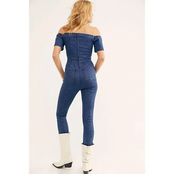 FREE PEOPLE 3 x 1 CAMILLE LACE UP DENIM JUMPSUIT
